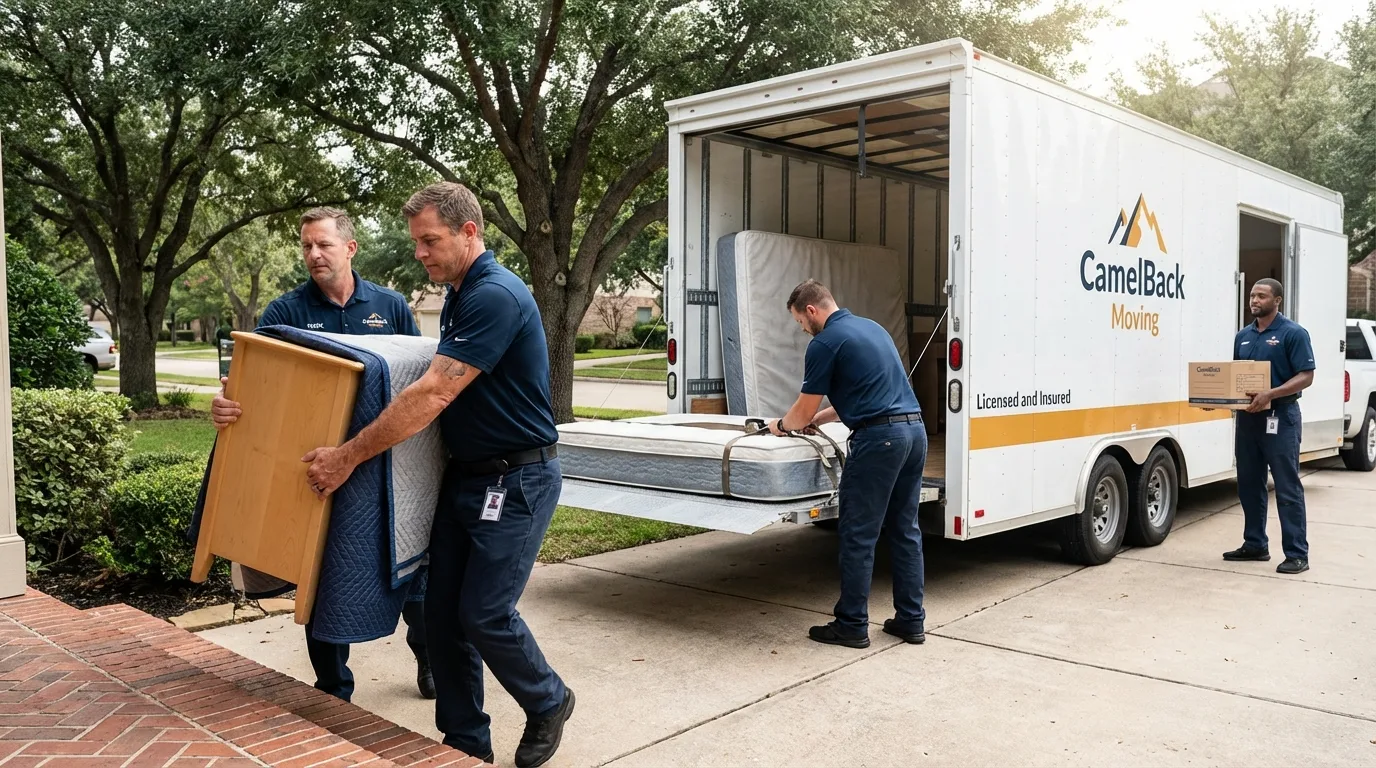 Crew loading residential truck for cross-state move from Crandon, WI