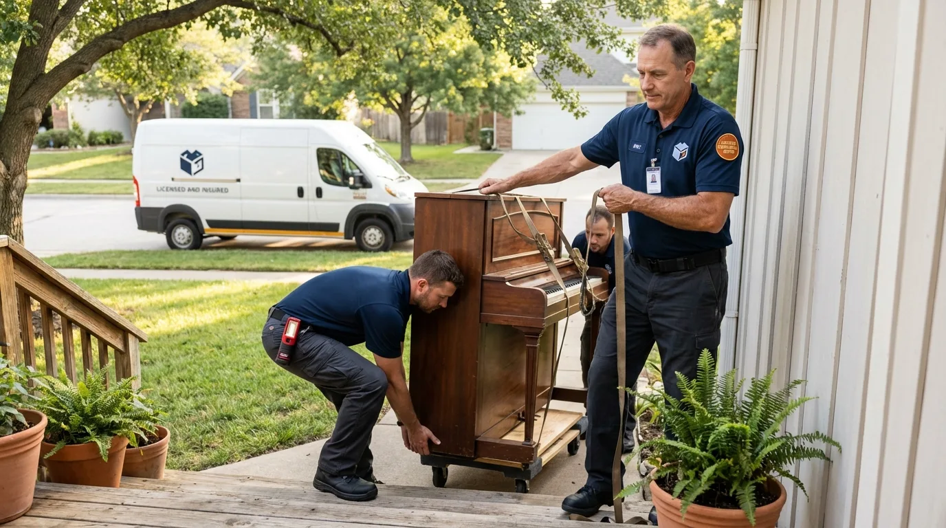 Licensed piano movers securing grand piano in Crandon, WI