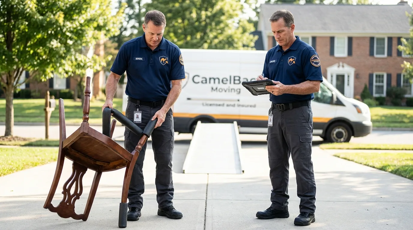 Movers inspecting furniture for damage prevention before loading in Crandon, WI