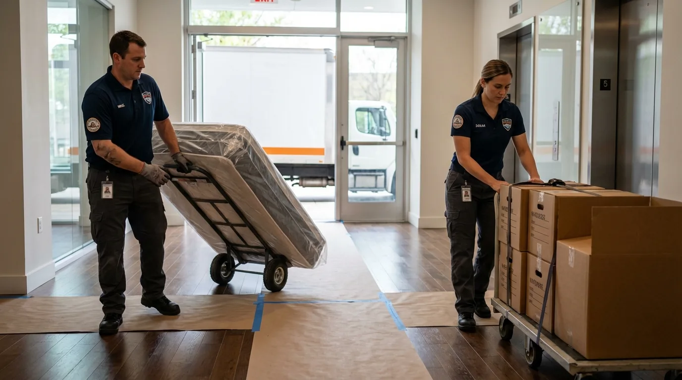 Professional apartment movers loading elevator in Crandon, WI