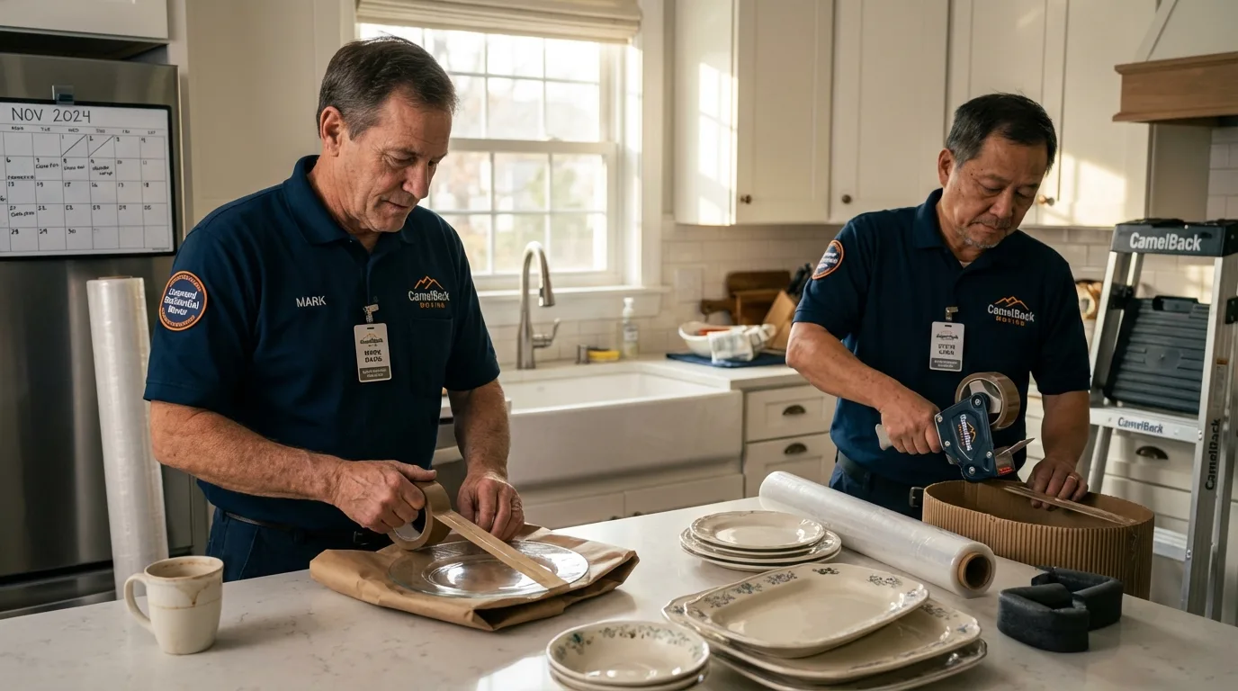 Professional crew packing kitchen dishware in Crandon, WI